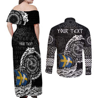 Personalized Viking Sweden Couples Matching Off Shoulder Maxi Dress and Long Sleeve Button Shirt Swedish Viking Ship