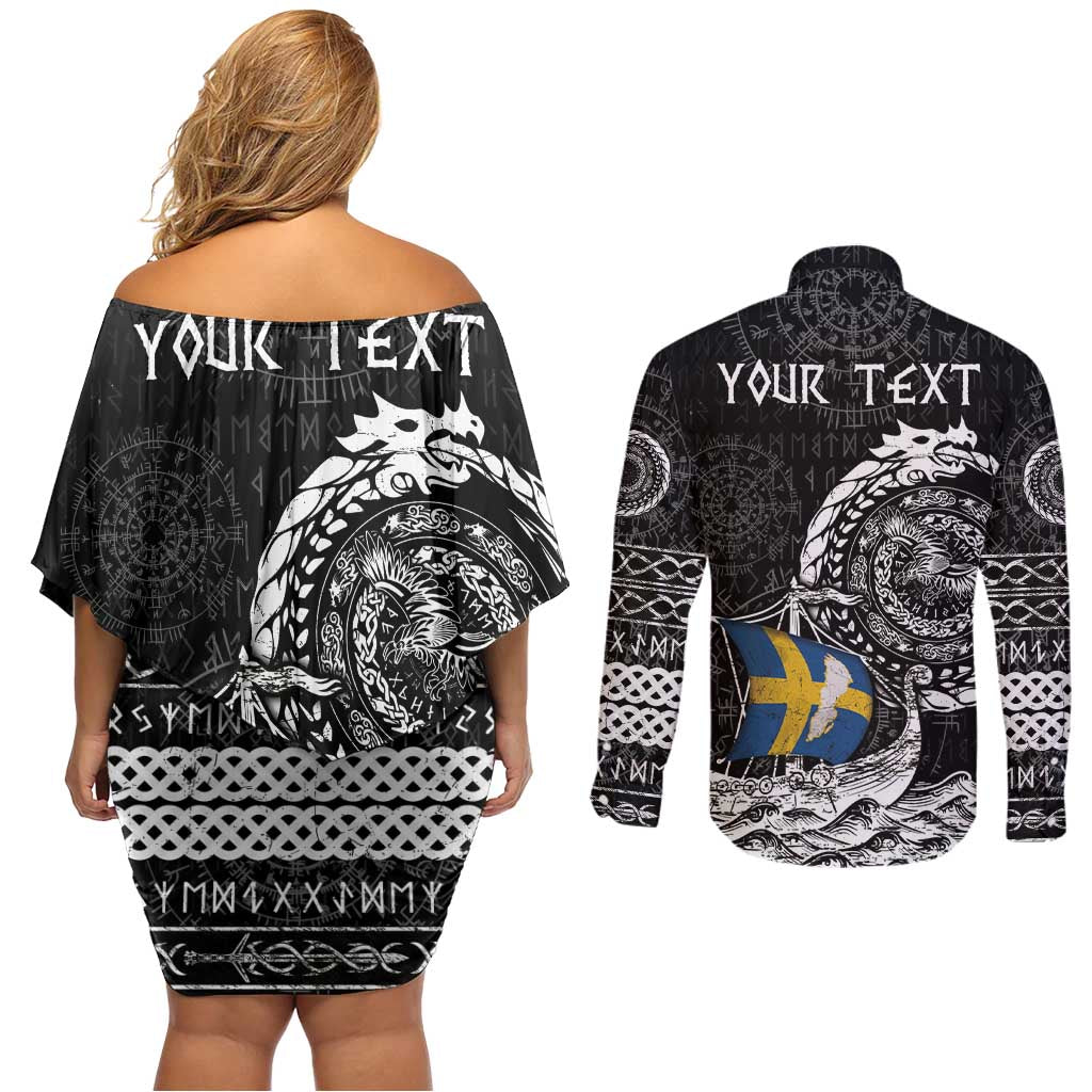 Personalized Viking Sweden Couples Matching Off Shoulder Short Dress and Long Sleeve Button Shirt Swedish Viking Ship