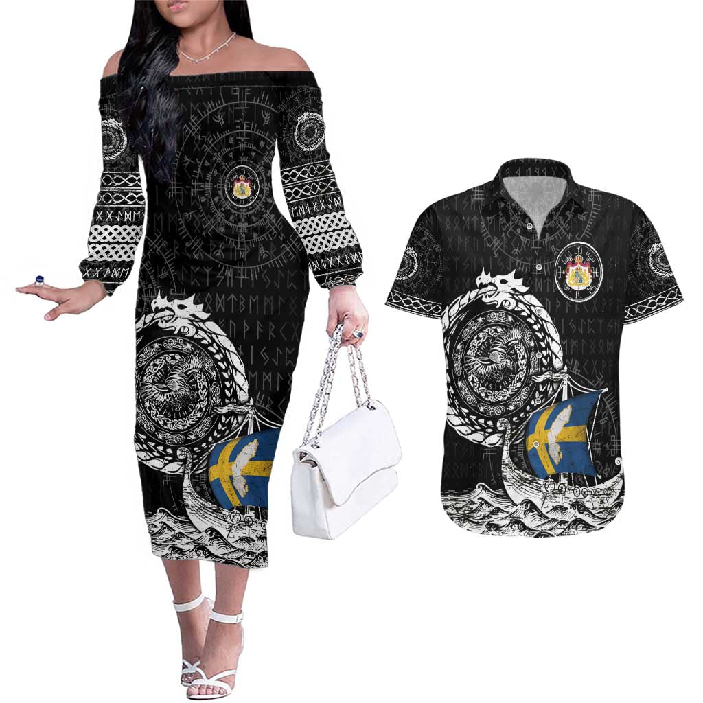 Personalized Viking Sweden Couples Matching Off The Shoulder Long Sleeve Dress and Hawaiian Shirt Swedish Viking Ship