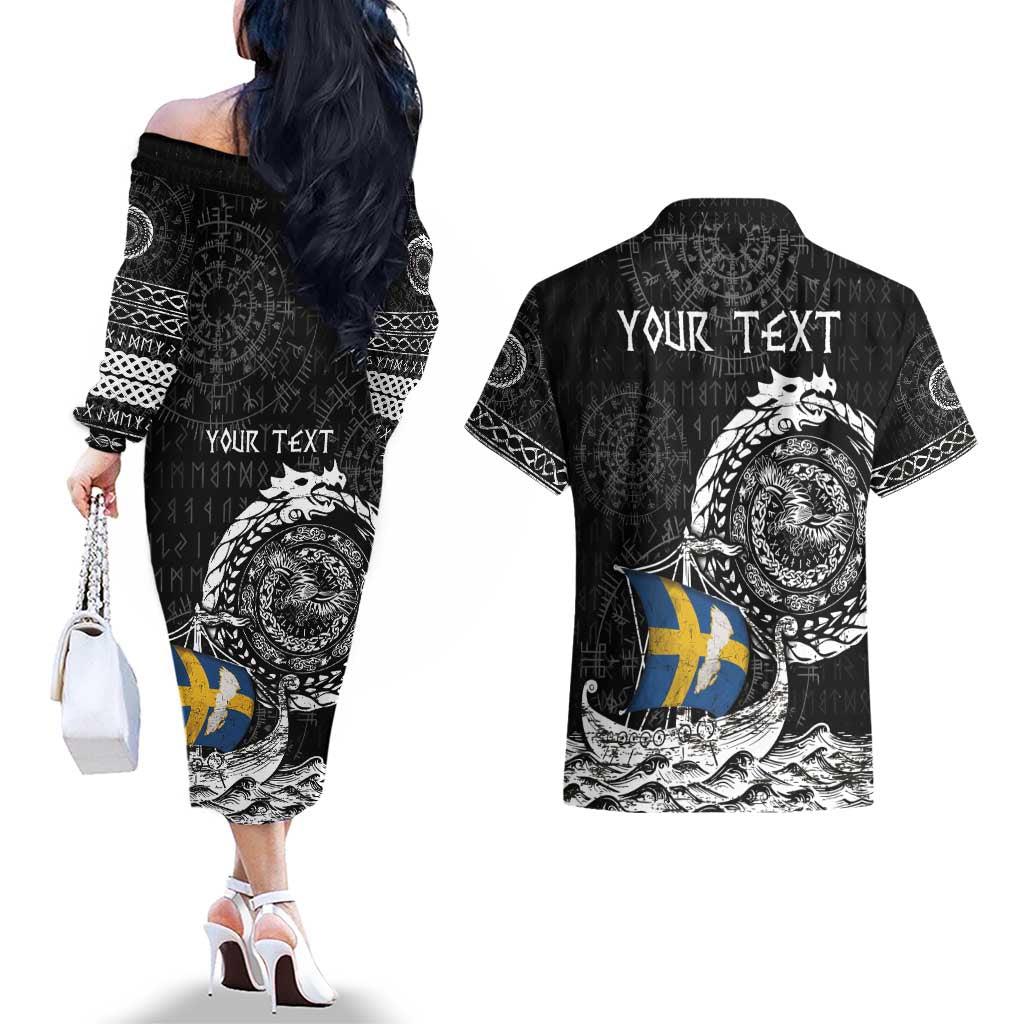 Personalized Viking Sweden Couples Matching Off The Shoulder Long Sleeve Dress and Hawaiian Shirt Swedish Viking Ship