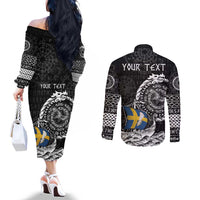 Personalized Viking Sweden Couples Matching Off The Shoulder Long Sleeve Dress and Long Sleeve Button Shirt Swedish Viking Ship
