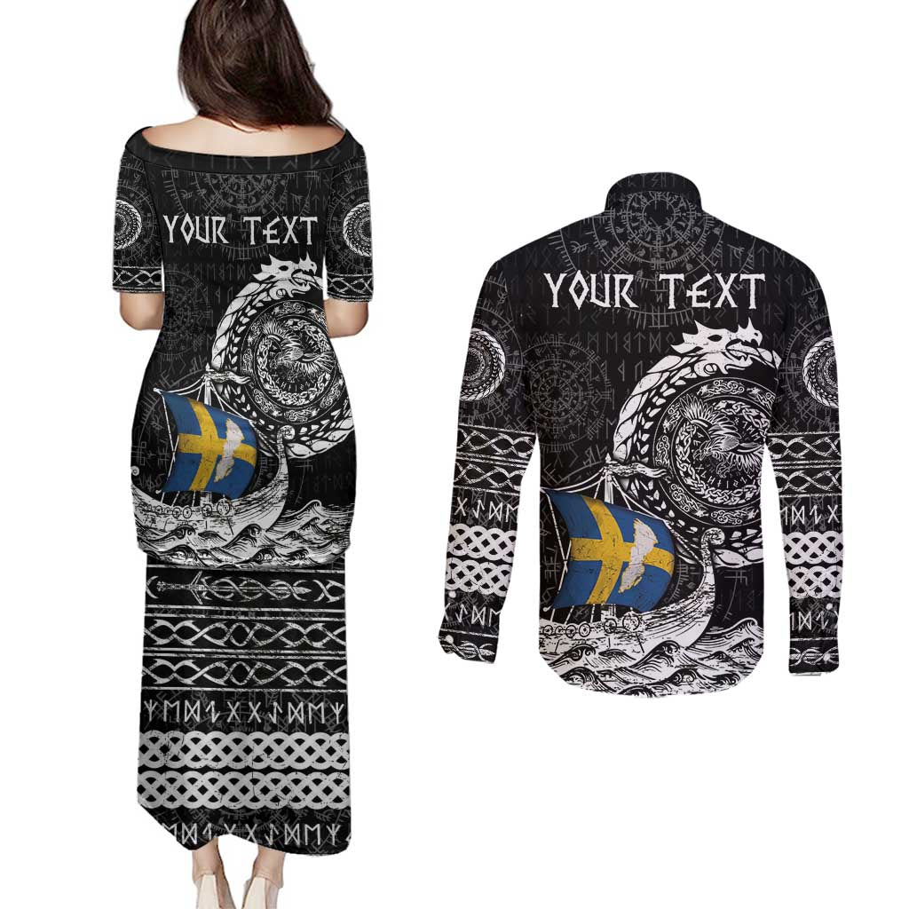 Personalized Viking Sweden Couples Matching Puletasi and Long Sleeve Button Shirt Swedish Viking Ship