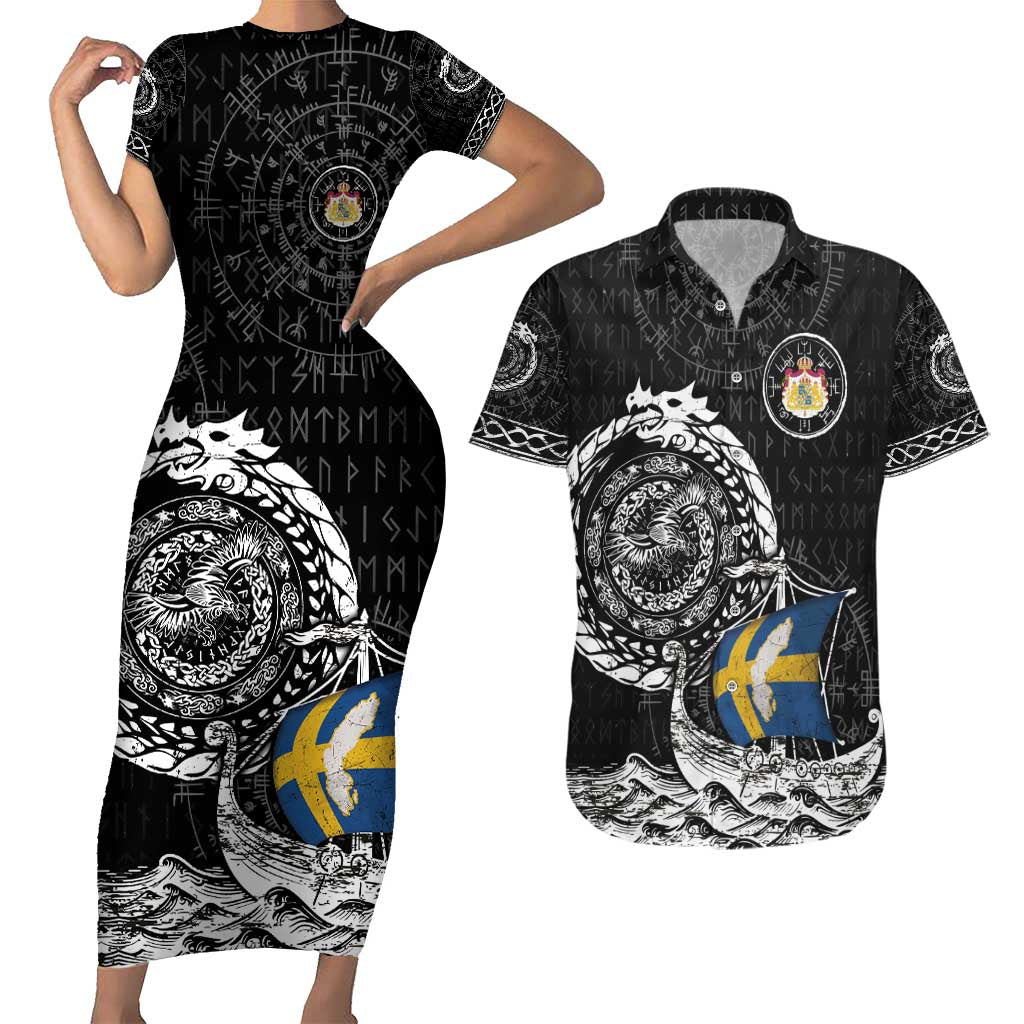 Personalized Viking Sweden Couples Matching Short Sleeve Bodycon Dress and Hawaiian Shirt Swedish Viking Ship
