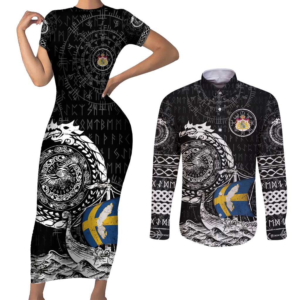 Personalized Viking Sweden Couples Matching Short Sleeve Bodycon Dress and Long Sleeve Button Shirt Swedish Viking Ship