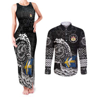 Personalized Viking Sweden Couples Matching Tank Maxi Dress and Long Sleeve Button Shirt Swedish Viking Ship