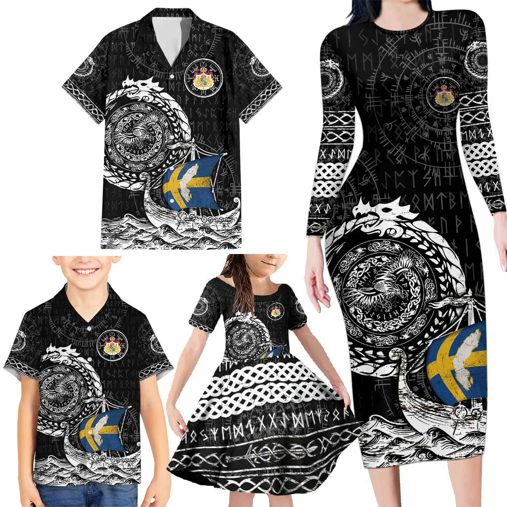 Personalized Viking Sweden Family Matching Long Sleeve Bodycon Dress and Hawaiian Shirt Swedish Viking Ship