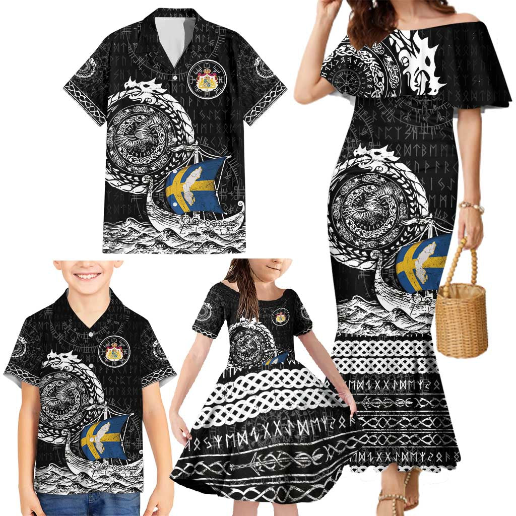 Personalized Viking Sweden Family Matching Mermaid Dress and Hawaiian Shirt Swedish Viking Ship