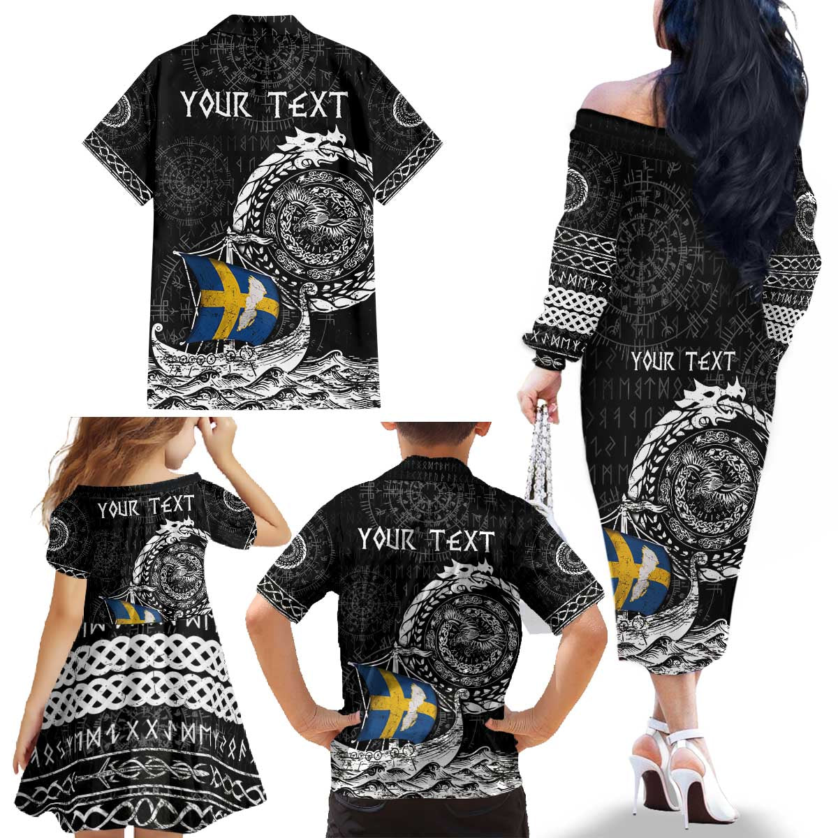 Personalized Viking Sweden Family Matching Off The Shoulder Long Sleeve Dress and Hawaiian Shirt Swedish Viking Ship