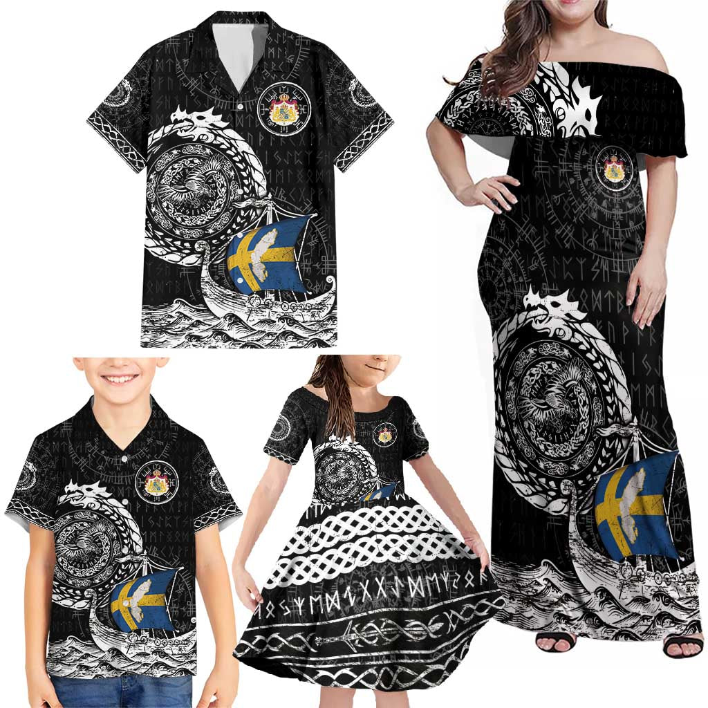 Personalized Viking Sweden Family Matching Off Shoulder Maxi Dress and Hawaiian Shirt Swedish Viking Ship