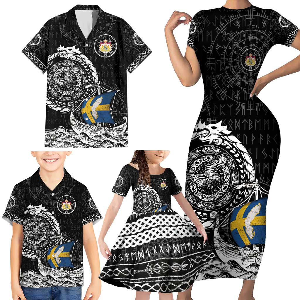 Personalized Viking Sweden Family Matching Short Sleeve Bodycon Dress and Hawaiian Shirt Swedish Viking Ship