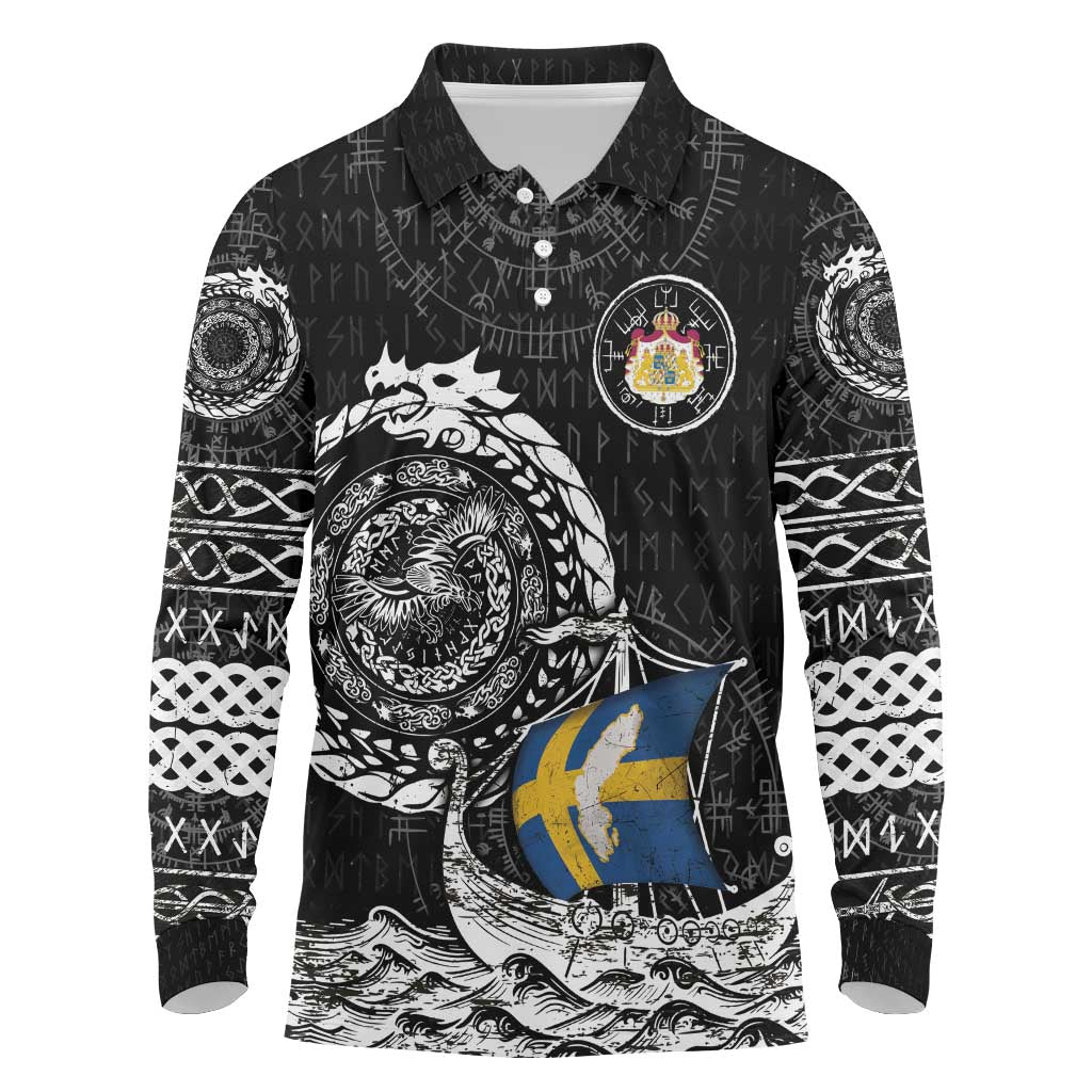 Personalized Viking Sweden Long Sleeve Polo Shirt Swedish Viking Ship