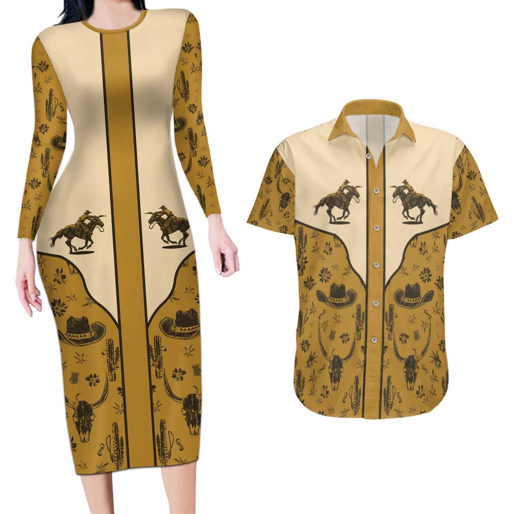 Cowboy Couples Matching Long Sleeve Bodycon Dress and Hawaiian Shirt Horse Riding Retro Western Yoke Beige - Wonder Print Shop