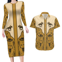Cowboy Couples Matching Long Sleeve Bodycon Dress and Hawaiian Shirt Horse Riding Retro Western Yoke Beige - Wonder Print Shop