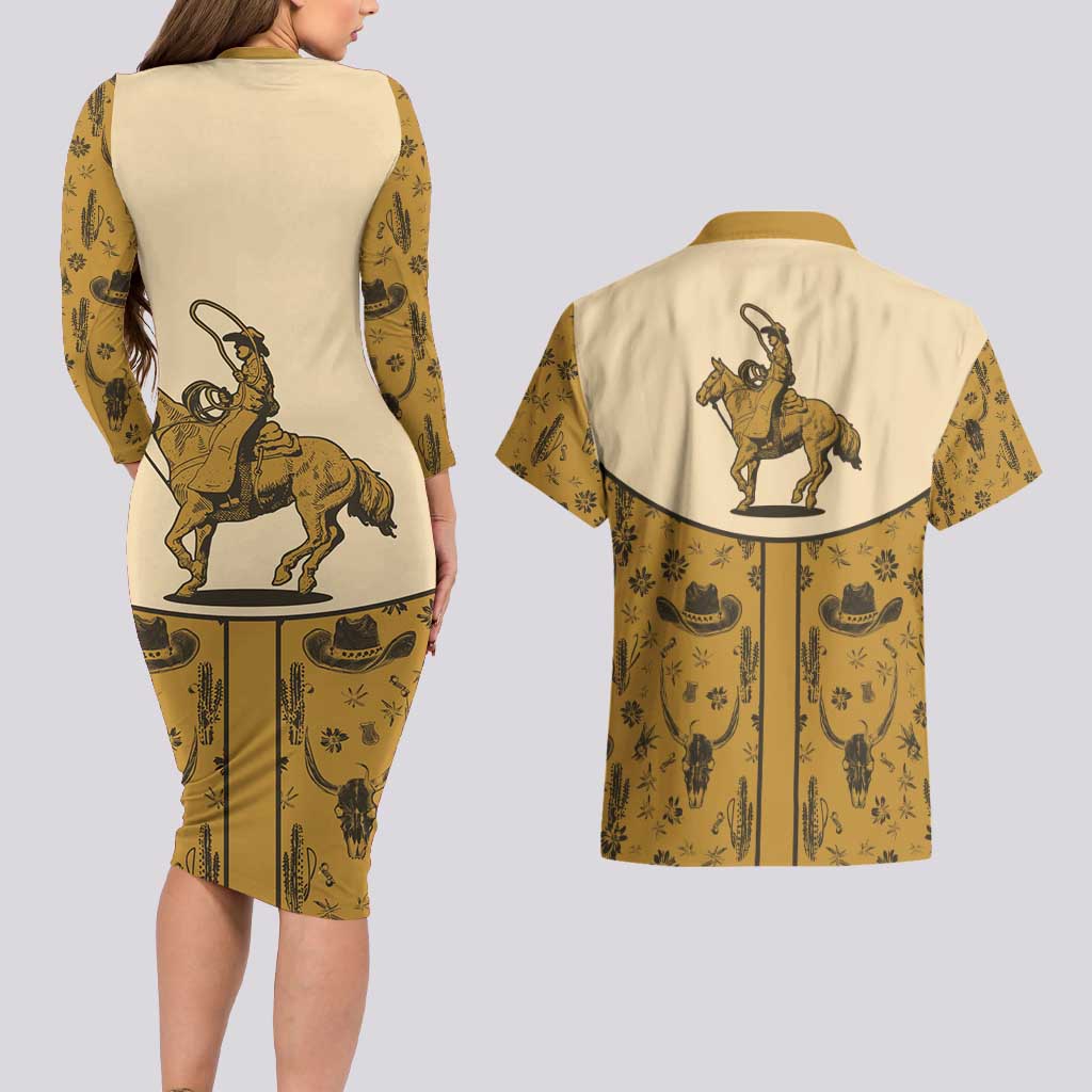 Cowboy Couples Matching Long Sleeve Bodycon Dress and Hawaiian Shirt Horse Riding Retro Western Yoke Beige - Wonder Print Shop