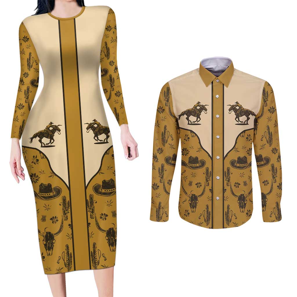 Cowboy Couples Matching Long Sleeve Bodycon Dress and Long Sleeve Button Shirt Horse Riding Retro Western Yoke Beige - Wonder Print Shop