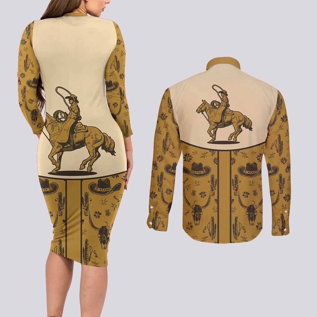Cowboy Couples Matching Long Sleeve Bodycon Dress and Long Sleeve Button Shirt Horse Riding Retro Western Yoke Beige - Wonder Print Shop