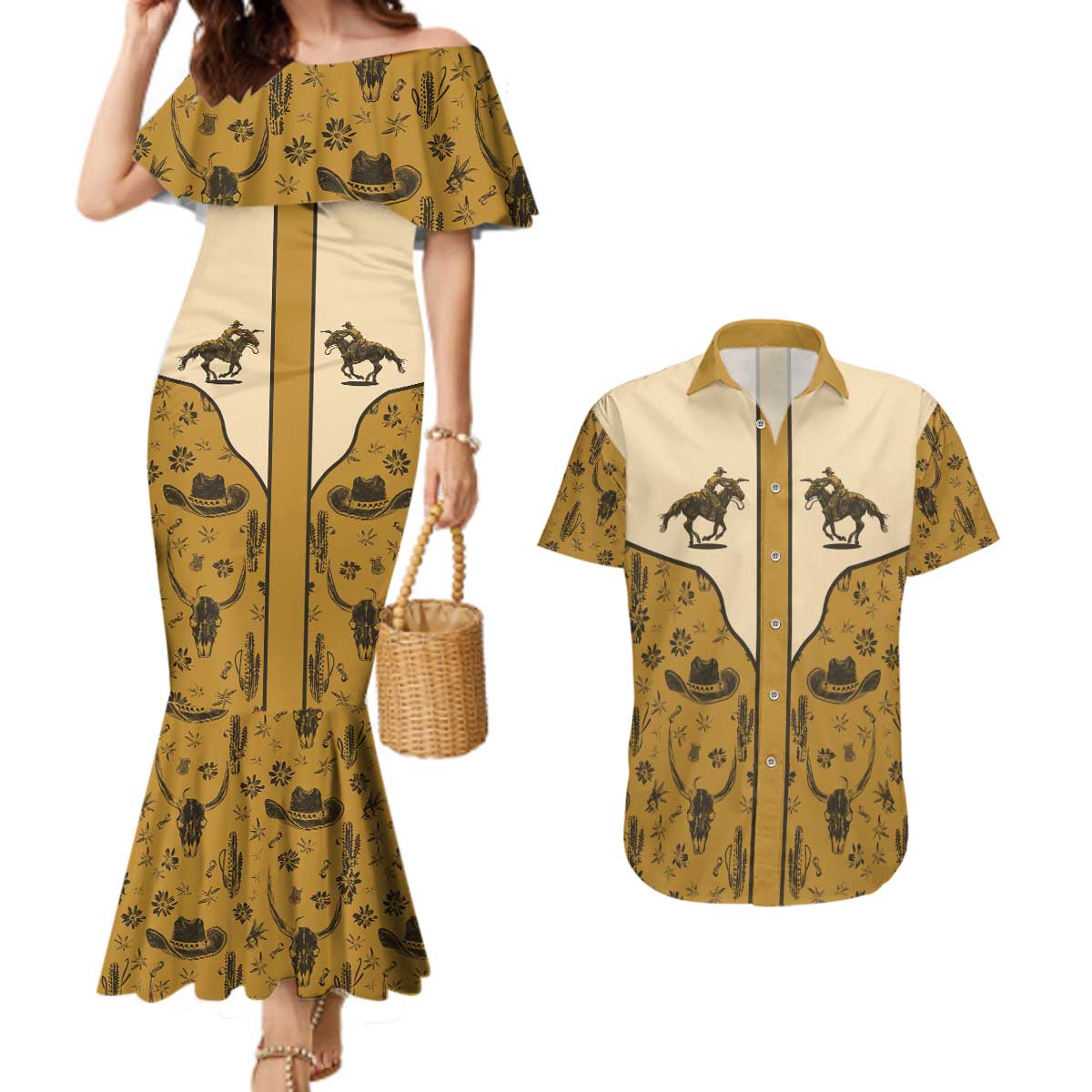 Cowboy Couples Matching Mermaid Dress and Hawaiian Shirt Horse Riding Retro Western Yoke Beige - Wonder Print Shop