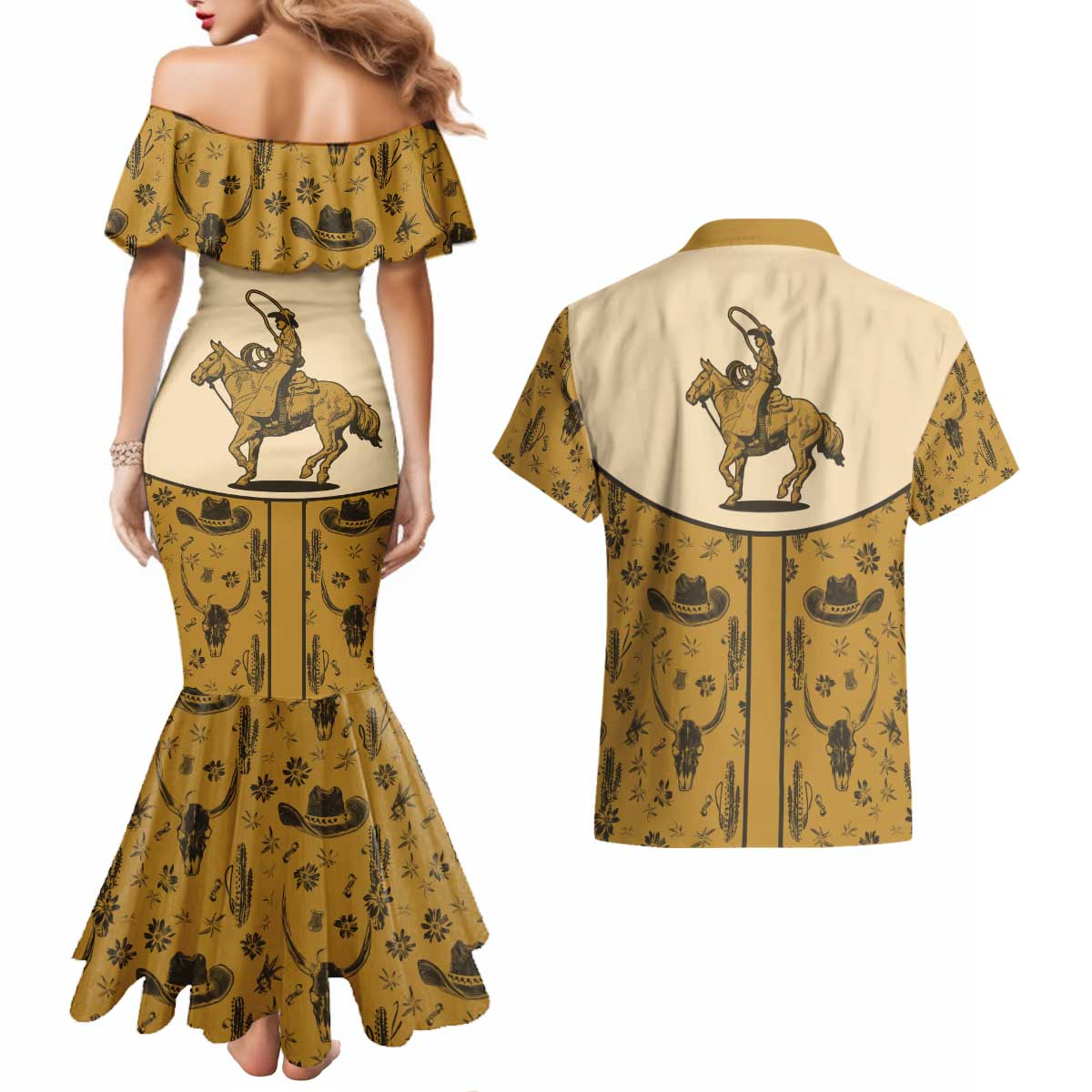 Cowboy Couples Matching Mermaid Dress and Hawaiian Shirt Horse Riding Retro Western Yoke Beige - Wonder Print Shop