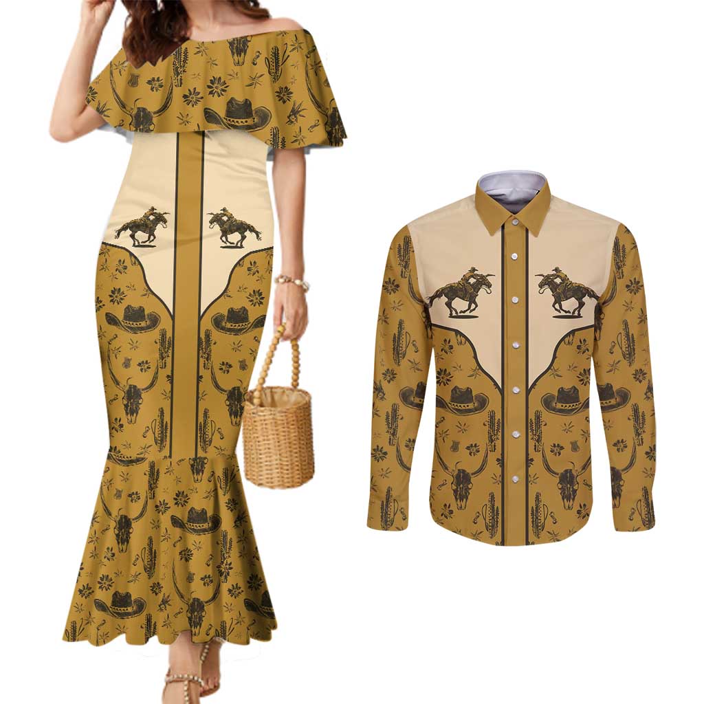 Cowboy Couples Matching Mermaid Dress and Long Sleeve Button Shirt Horse Riding Retro Western Yoke Beige - Wonder Print Shop