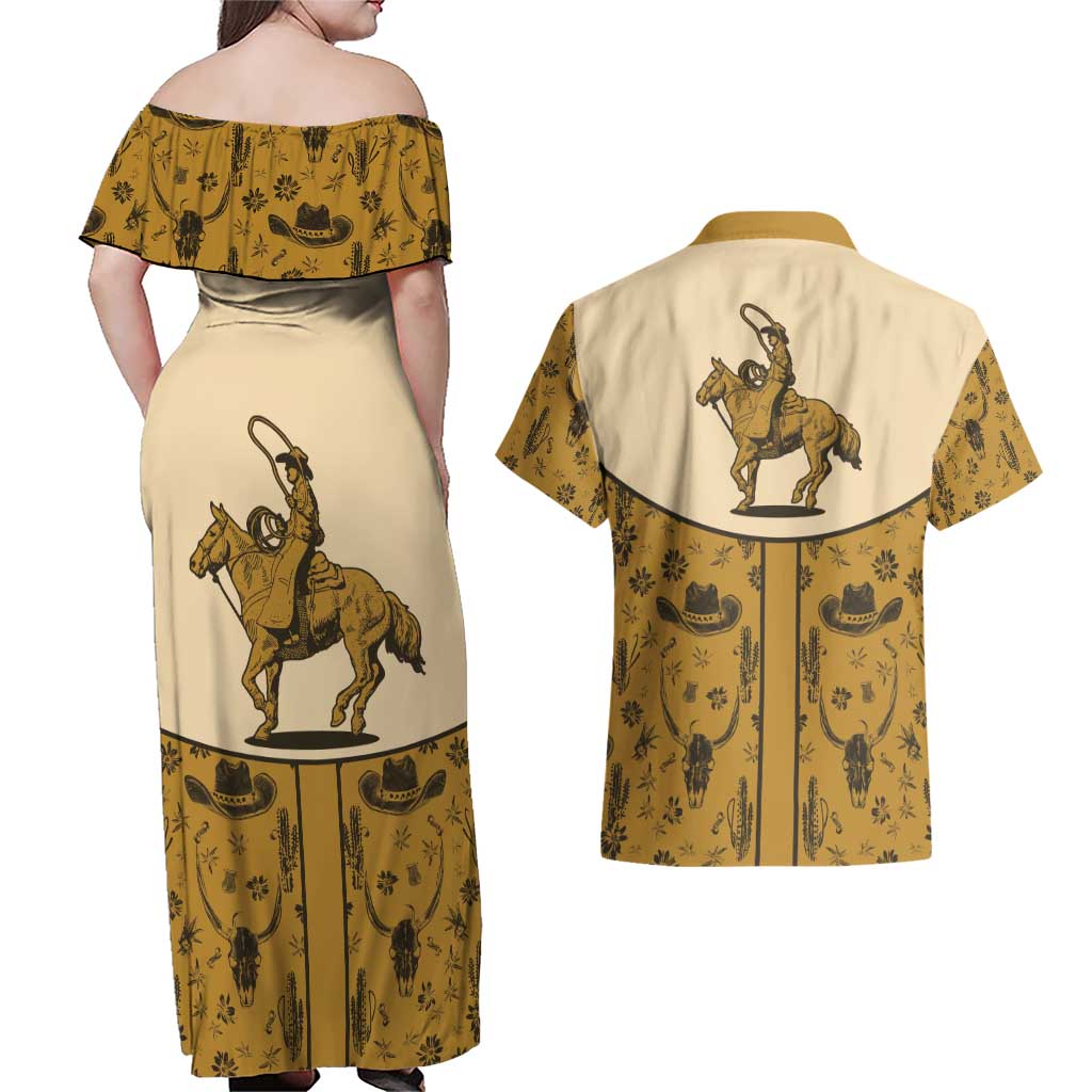 Cowboy Couples Matching Off Shoulder Maxi Dress and Hawaiian Shirt Horse Riding Retro Western Yoke Beige - Wonder Print Shop
