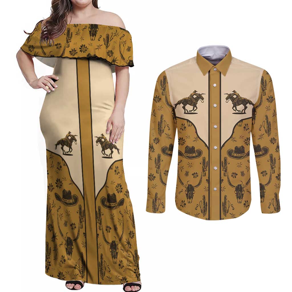 Cowboy Couples Matching Off Shoulder Maxi Dress and Long Sleeve Button Shirt Horse Riding Retro Western Yoke Beige - Wonder Print Shop