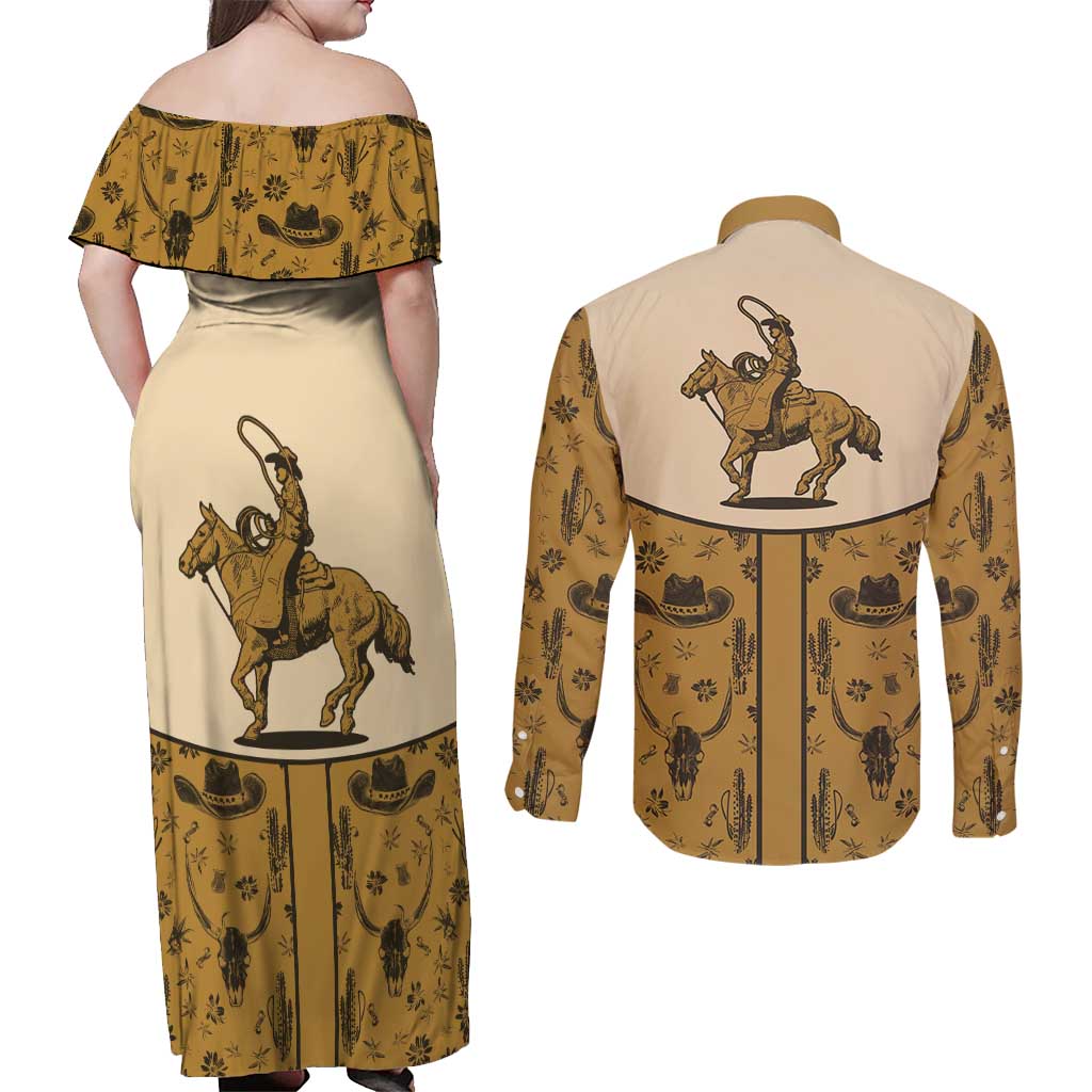 Cowboy Couples Matching Off Shoulder Maxi Dress and Long Sleeve Button Shirt Horse Riding Retro Western Yoke Beige - Wonder Print Shop