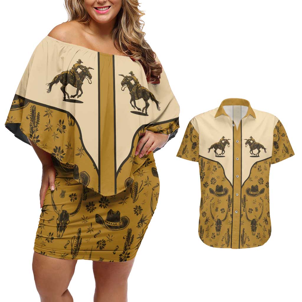 Cowboy Couples Matching Off Shoulder Short Dress and Hawaiian Shirt Horse Riding Retro Western Yoke Beige - Wonder Print Shop