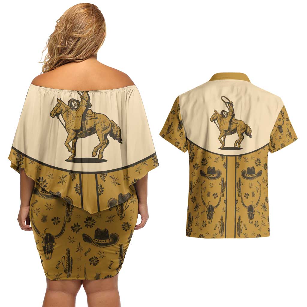 Cowboy Couples Matching Off Shoulder Short Dress and Hawaiian Shirt Horse Riding Retro Western Yoke Beige - Wonder Print Shop