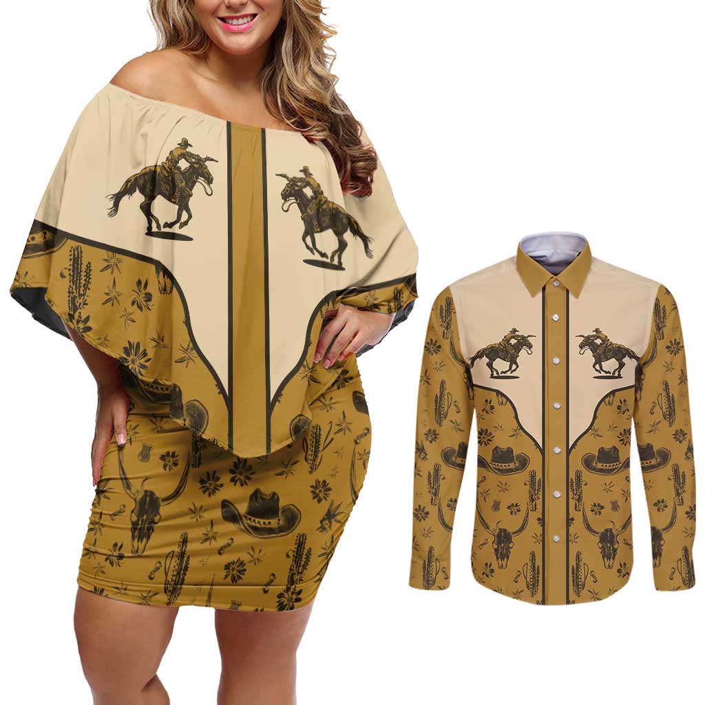 Cowboy Couples Matching Off Shoulder Short Dress and Long Sleeve Button Shirt Horse Riding Retro Western Yoke Beige - Wonder Print Shop