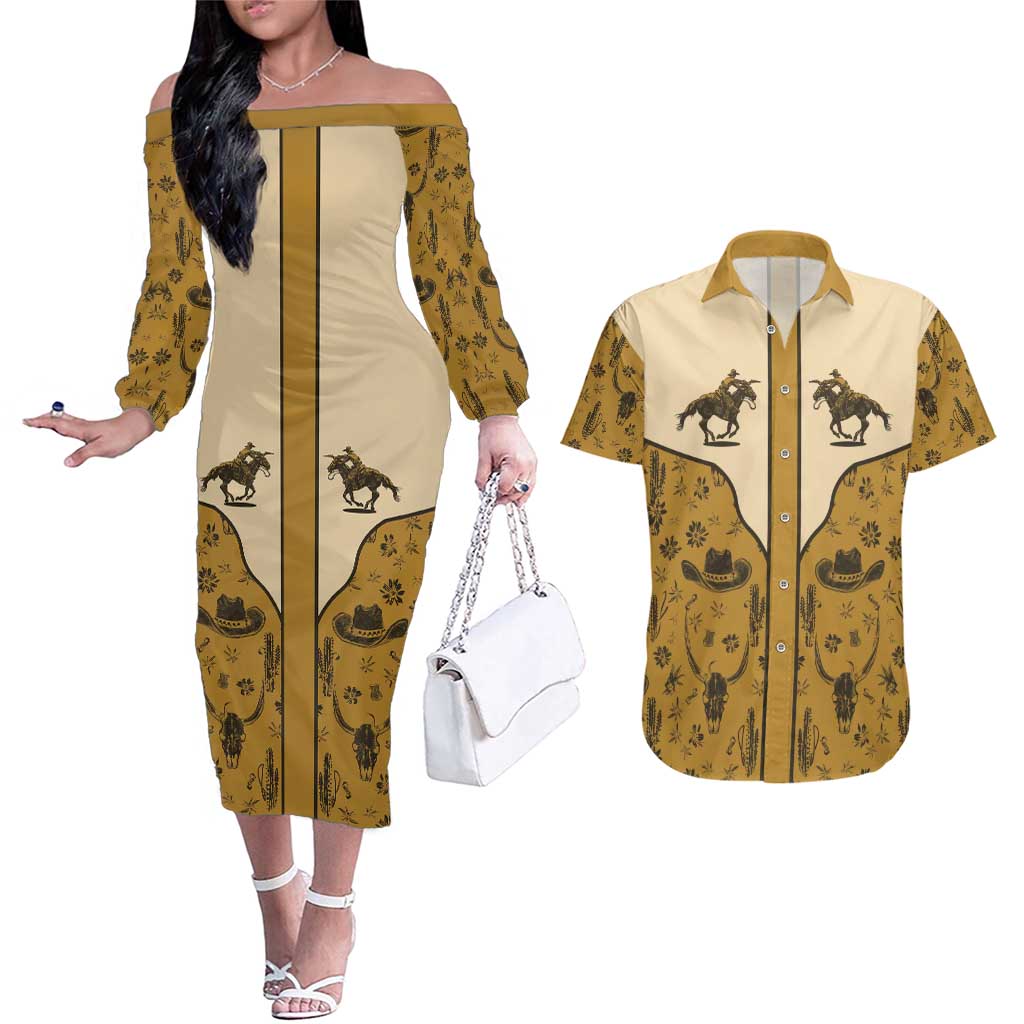 Cowboy Couples Matching Off The Shoulder Long Sleeve Dress and Hawaiian Shirt Horse Riding Retro Western Yoke Beige - Wonder Print Shop