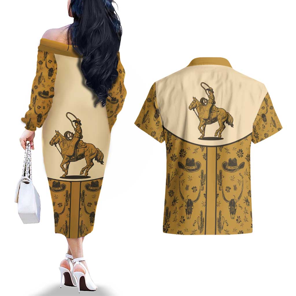 Cowboy Couples Matching Off The Shoulder Long Sleeve Dress and Hawaiian Shirt Horse Riding Retro Western Yoke Beige - Wonder Print Shop