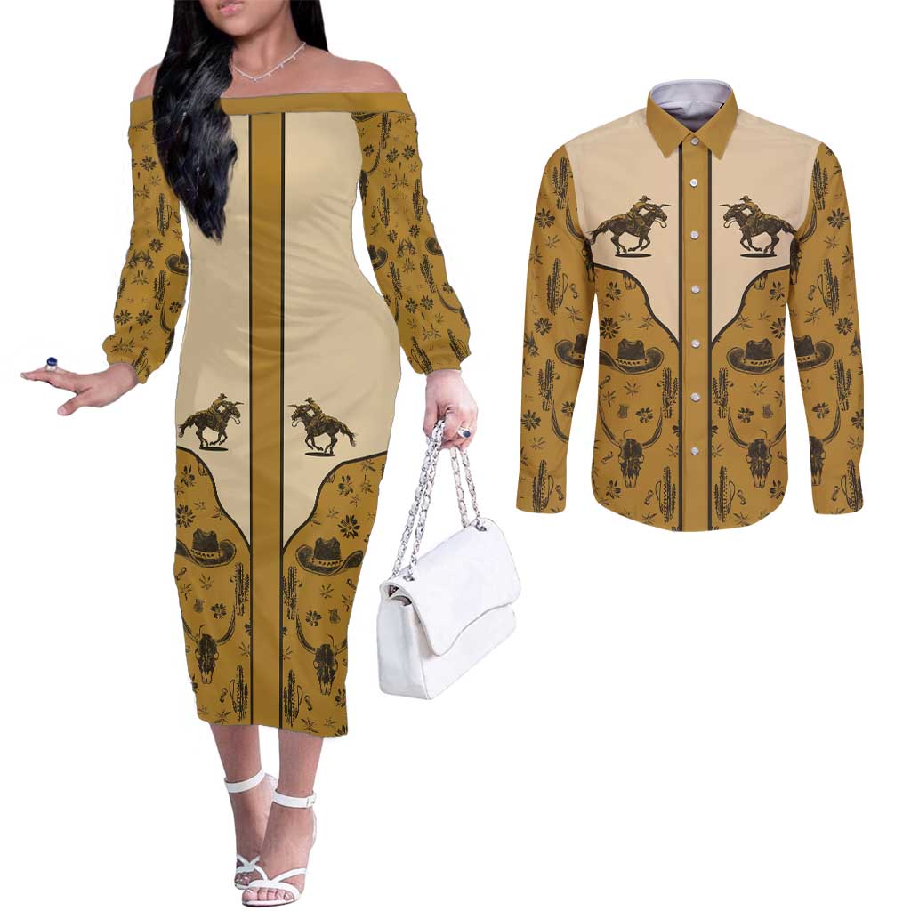 Cowboy Couples Matching Off The Shoulder Long Sleeve Dress and Long Sleeve Button Shirt Horse Riding Retro Western Yoke Beige - Wonder Print Shop