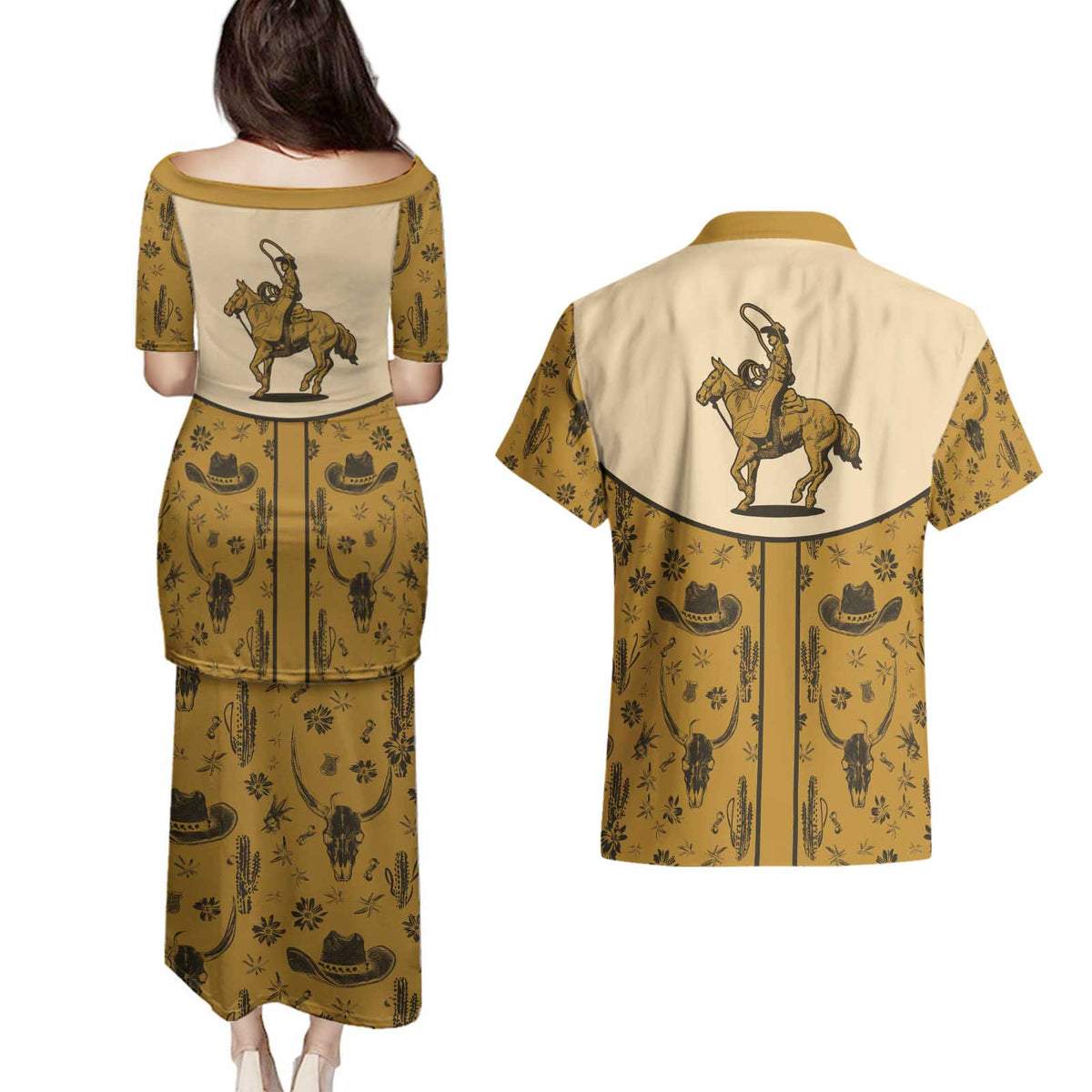 Cowboy Couples Matching Puletasi and Hawaiian Shirt Horse Riding Retro Western Yoke Beige - Wonder Print Shop