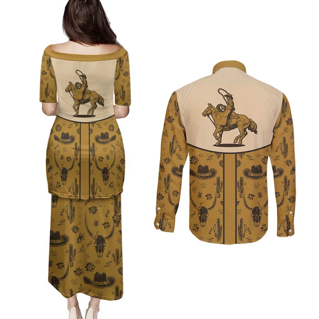 Cowboy Couples Matching Puletasi and Long Sleeve Button Shirt Horse Riding Retro Western Yoke Beige - Wonder Print Shop