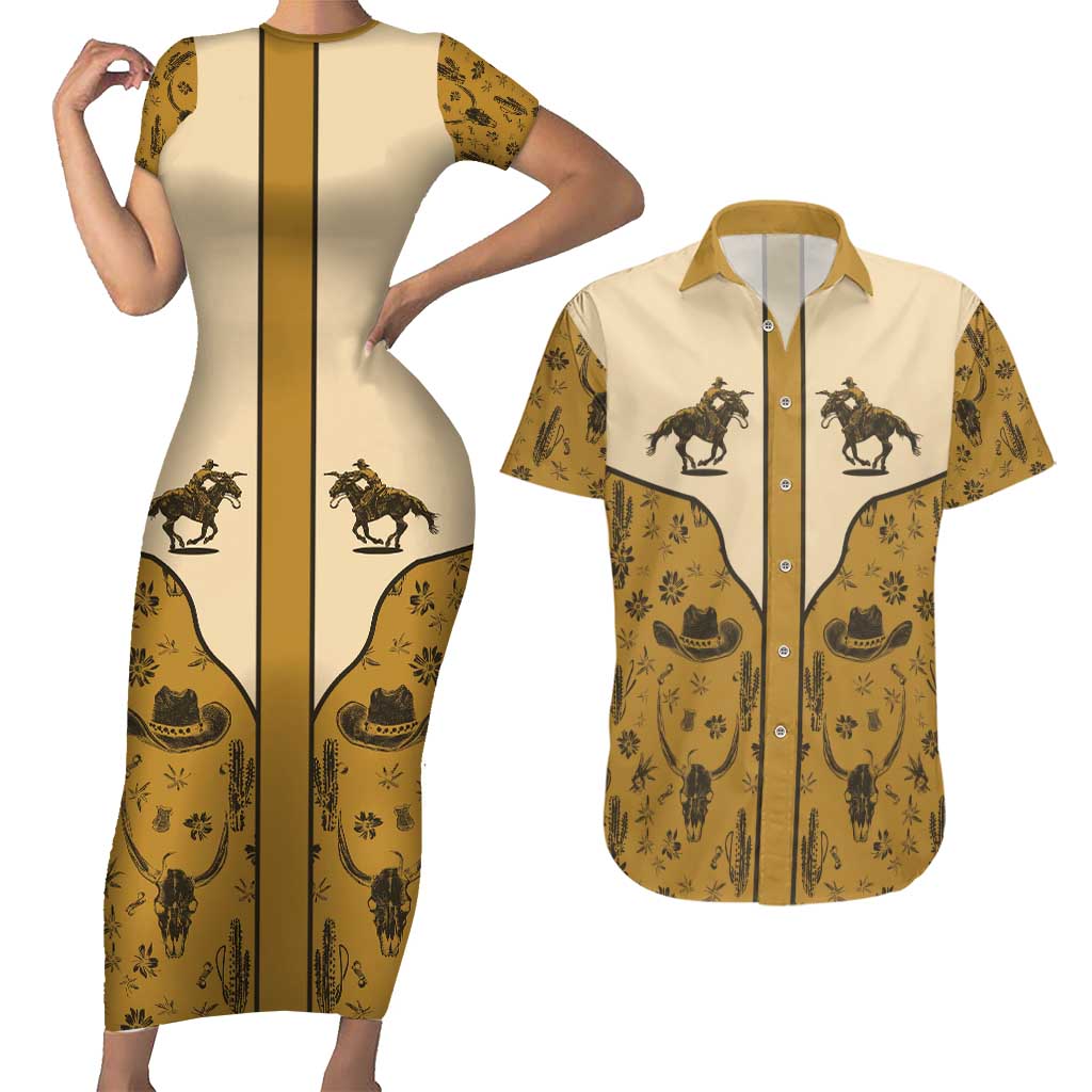 Cowboy Couples Matching Short Sleeve Bodycon Dress and Hawaiian Shirt Horse Riding Retro Western Yoke Beige - Wonder Print Shop