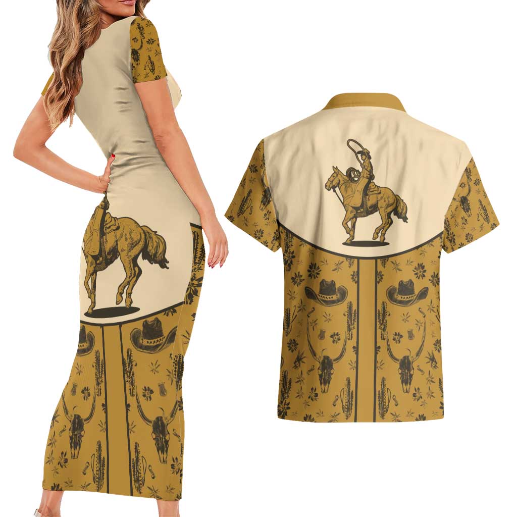 Cowboy Couples Matching Short Sleeve Bodycon Dress and Hawaiian Shirt Horse Riding Retro Western Yoke Beige - Wonder Print Shop