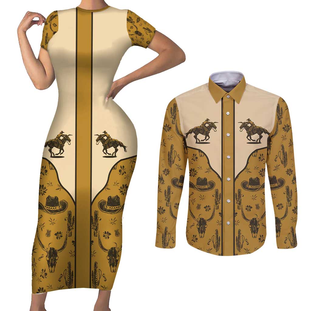 Cowboy Couples Matching Short Sleeve Bodycon Dress and Long Sleeve Button Shirt Horse Riding Retro Western Yoke Beige - Wonder Print Shop