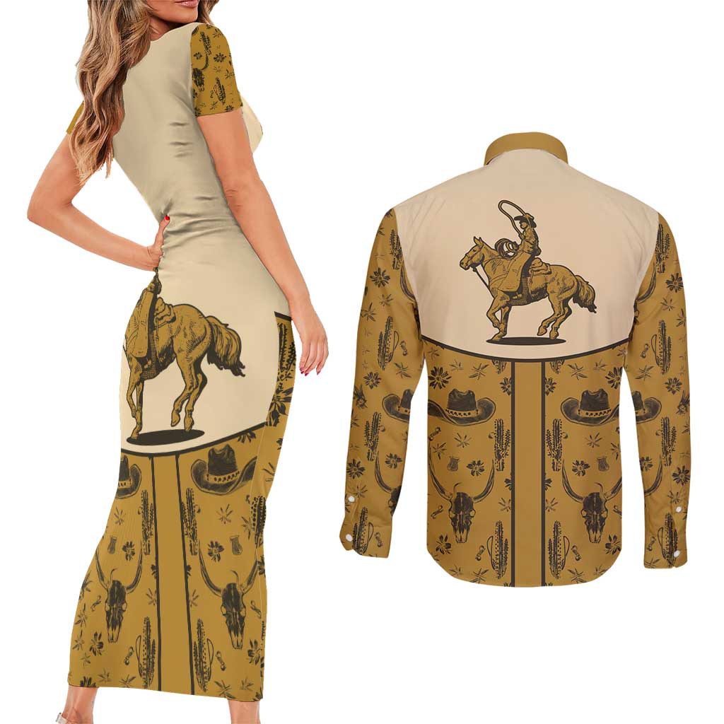 Cowboy Couples Matching Short Sleeve Bodycon Dress and Long Sleeve Button Shirt Horse Riding Retro Western Yoke Beige - Wonder Print Shop