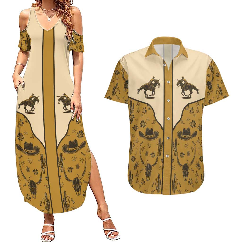 Cowboy Couples Matching Summer Maxi Dress and Hawaiian Shirt Horse Riding Retro Western Yoke Beige - Wonder Print Shop