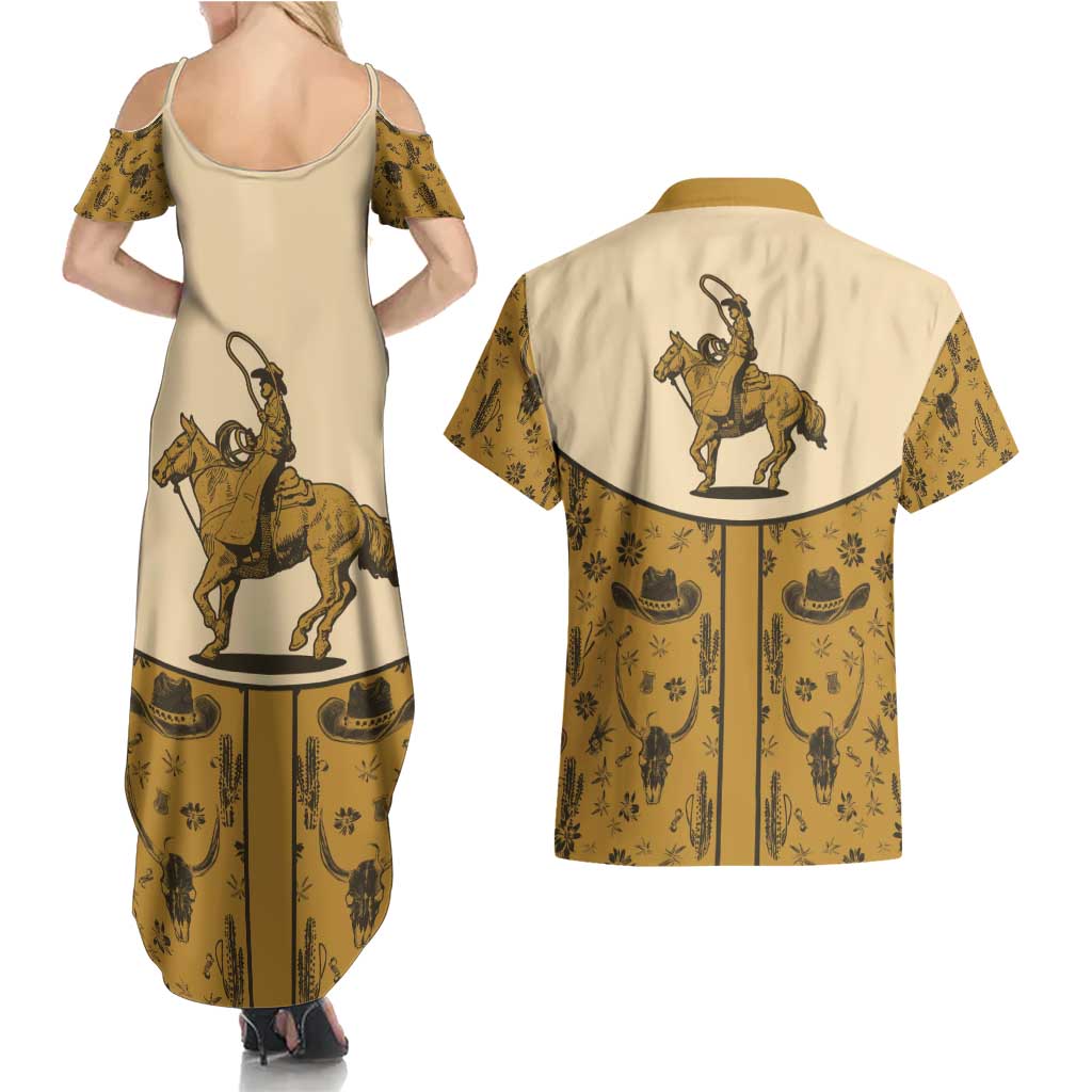 Cowboy Couples Matching Summer Maxi Dress and Hawaiian Shirt Horse Riding Retro Western Yoke Beige - Wonder Print Shop
