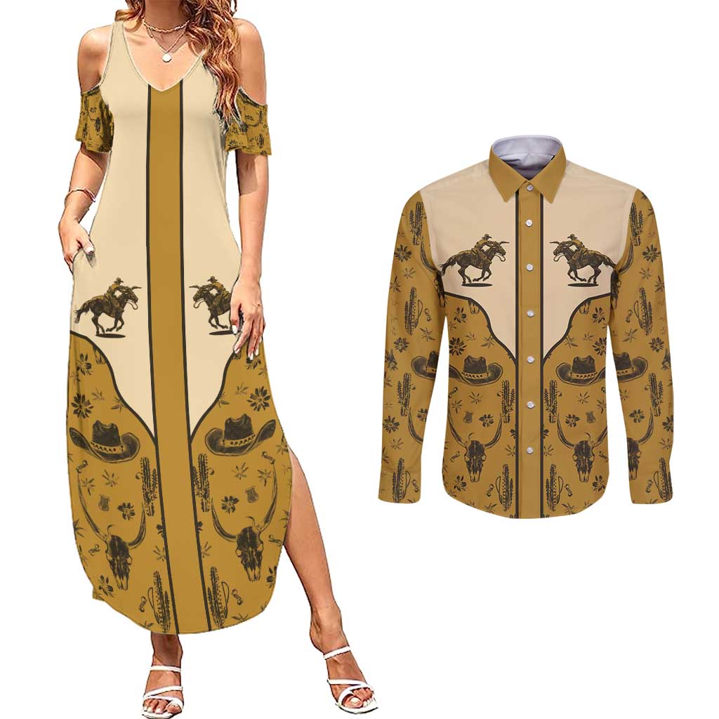 Cowboy Couples Matching Summer Maxi Dress and Long Sleeve Button Shirt Horse Riding Retro Western Yoke Beige - Wonder Print Shop