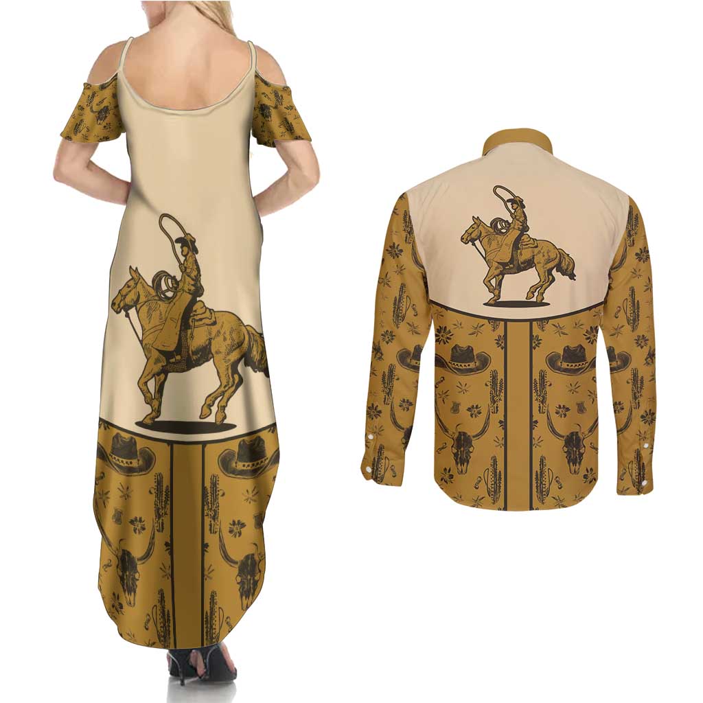 Cowboy Couples Matching Summer Maxi Dress and Long Sleeve Button Shirt Horse Riding Retro Western Yoke Beige - Wonder Print Shop