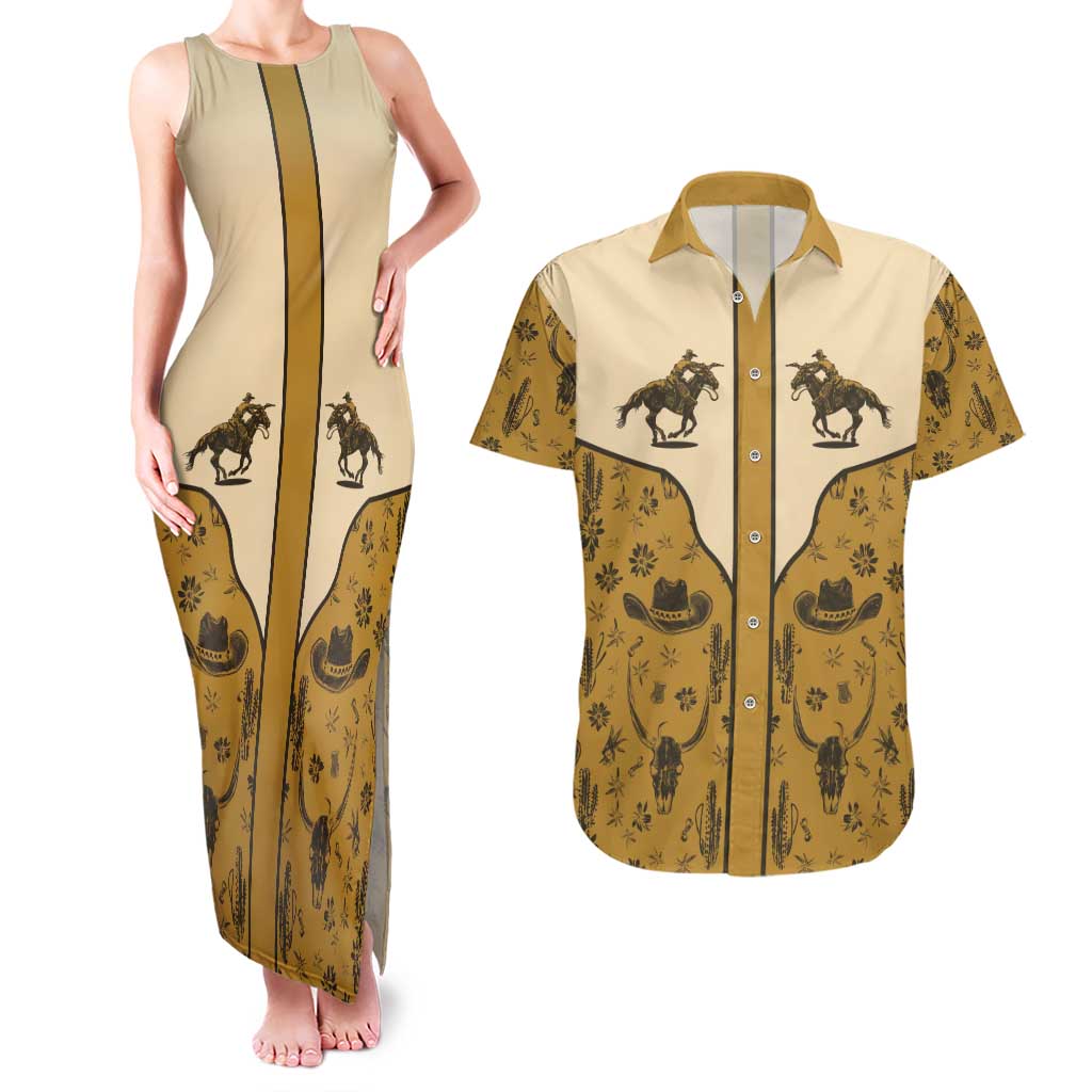 Cowboy Couples Matching Tank Maxi Dress and Hawaiian Shirt Horse Riding Retro Western Yoke Beige - Wonder Print Shop