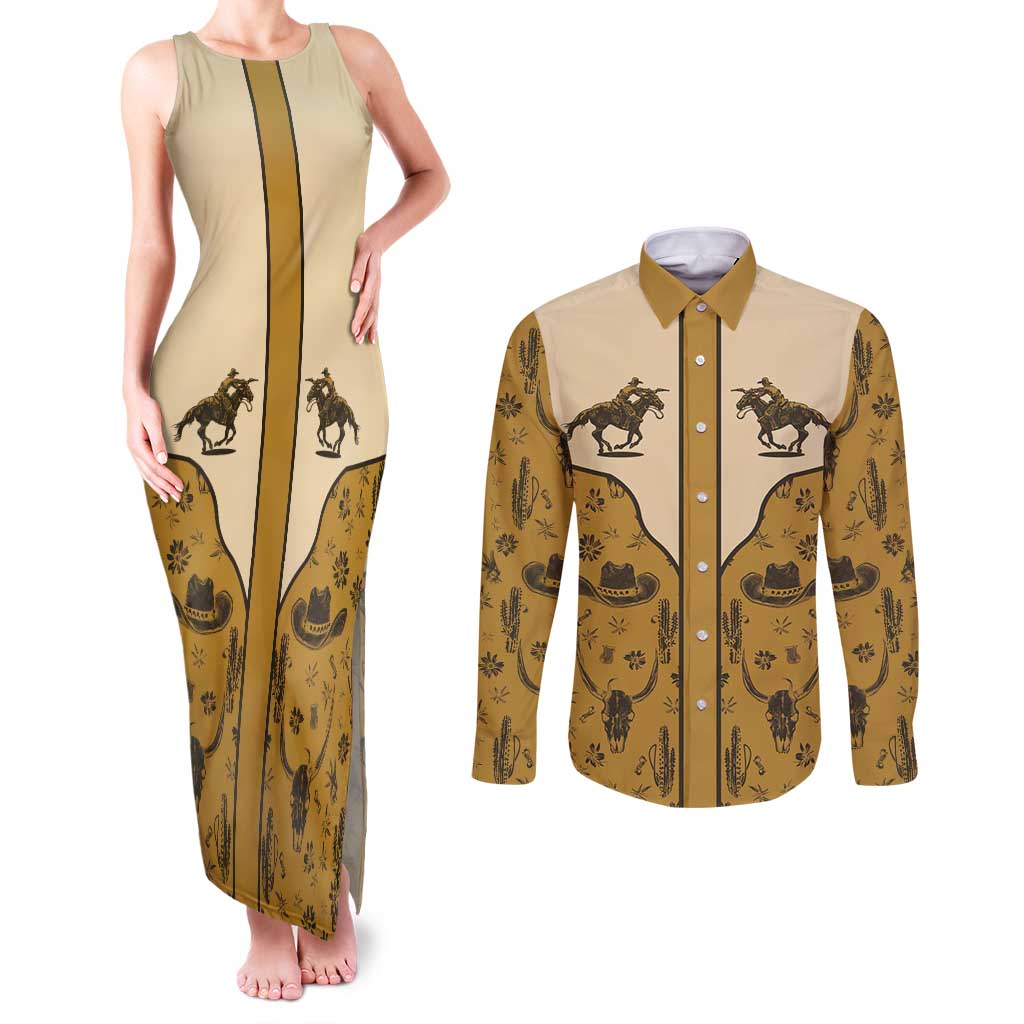 Cowboy Couples Matching Tank Maxi Dress and Long Sleeve Button Shirt Horse Riding Retro Western Yoke Beige - Wonder Print Shop