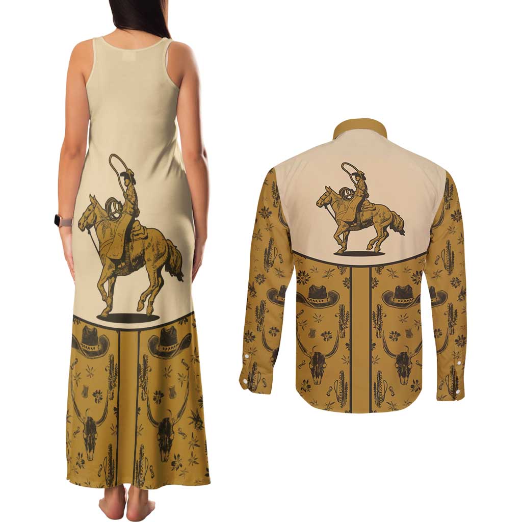 Cowboy Couples Matching Tank Maxi Dress and Long Sleeve Button Shirt Horse Riding Retro Western Yoke Beige - Wonder Print Shop