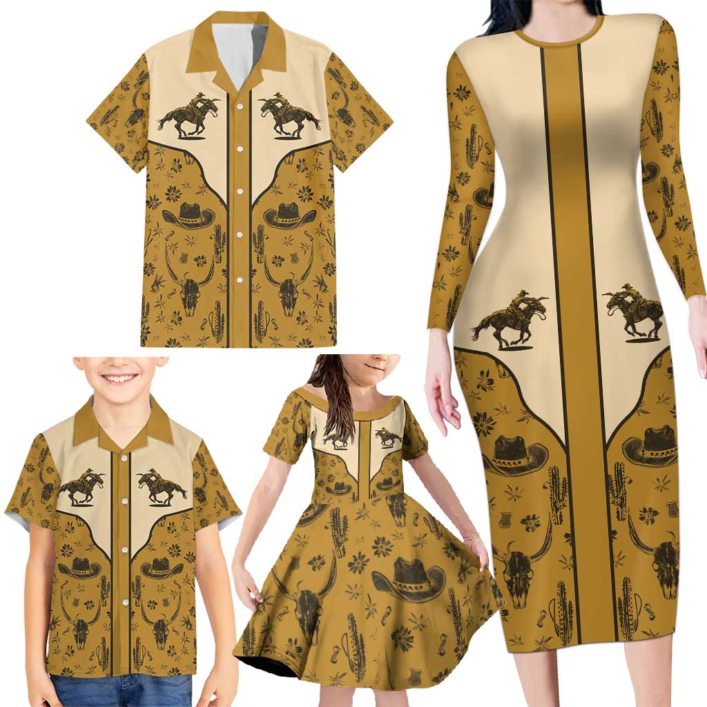 Cowboy Family Matching Long Sleeve Bodycon Dress and Hawaiian Shirt Horse Riding Retro Western Yoke Beige - Wonder Print Shop