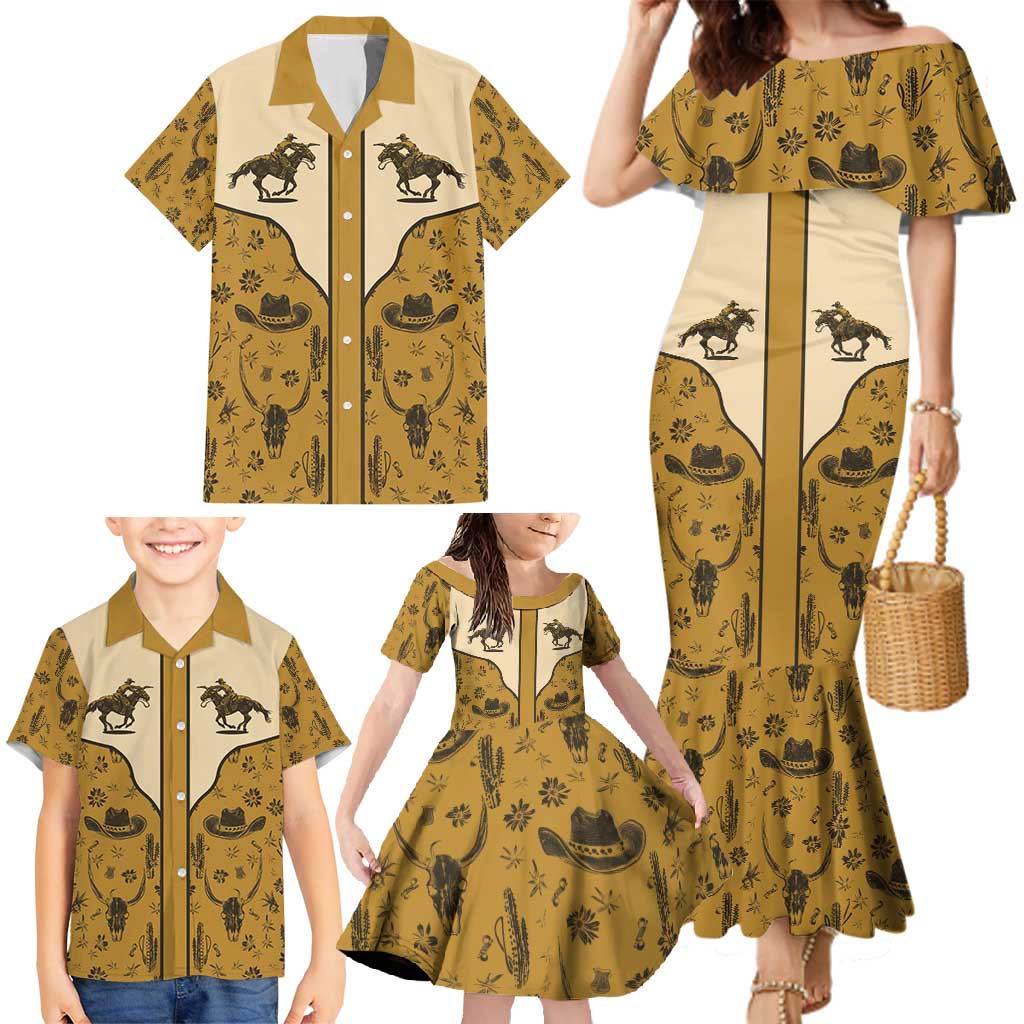 Cowboy Family Matching Mermaid Dress and Hawaiian Shirt Horse Riding Retro Western Yoke Beige - Wonder Print Shop