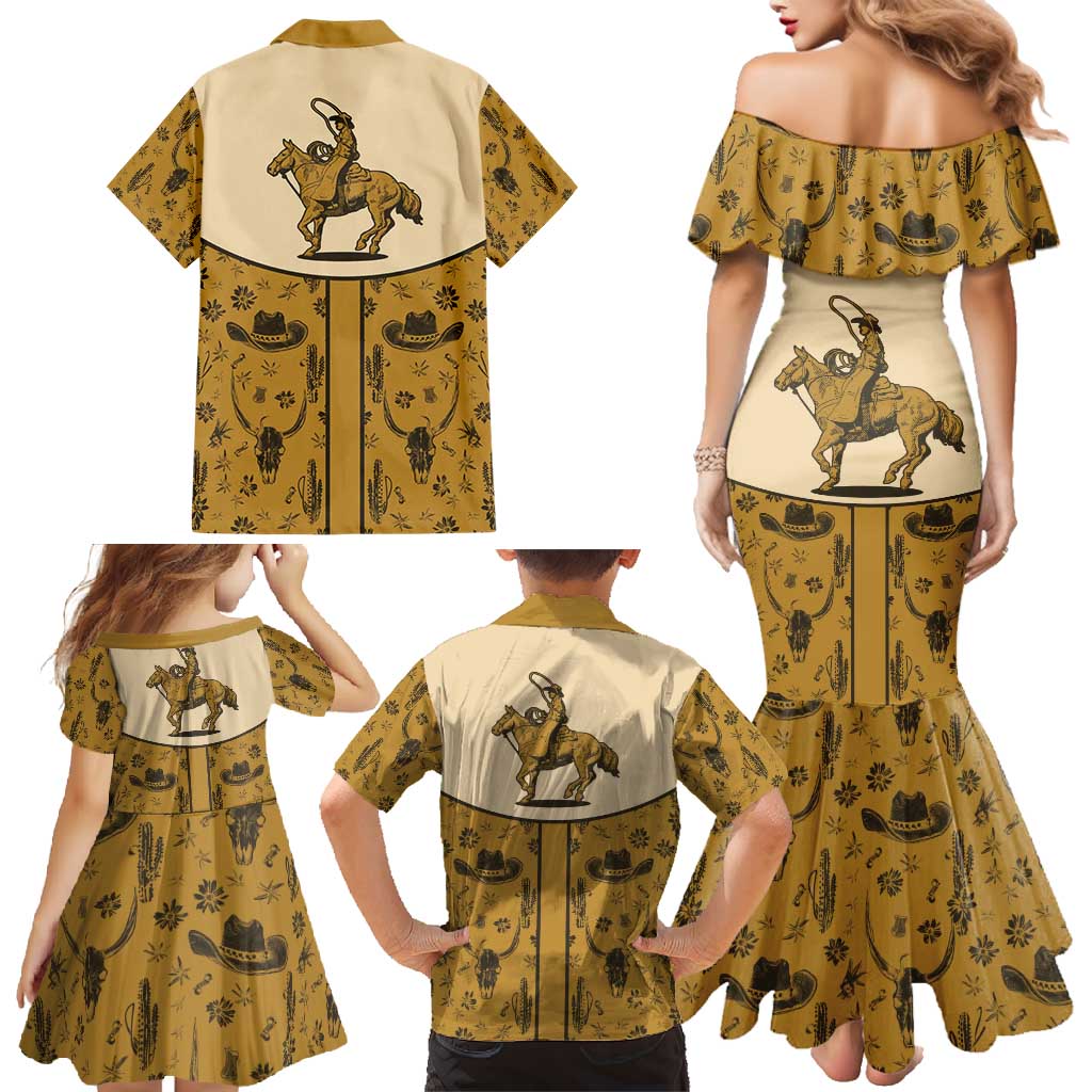 Cowboy Family Matching Mermaid Dress and Hawaiian Shirt Horse Riding Retro Western Yoke Beige - Wonder Print Shop