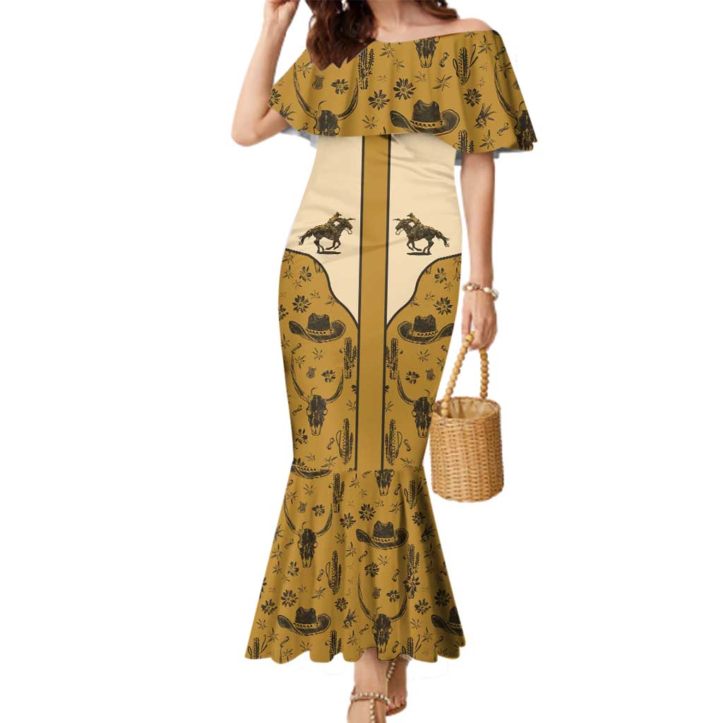 Cowboy Family Matching Mermaid Dress and Hawaiian Shirt Horse Riding Retro Western Yoke Beige - Wonder Print Shop