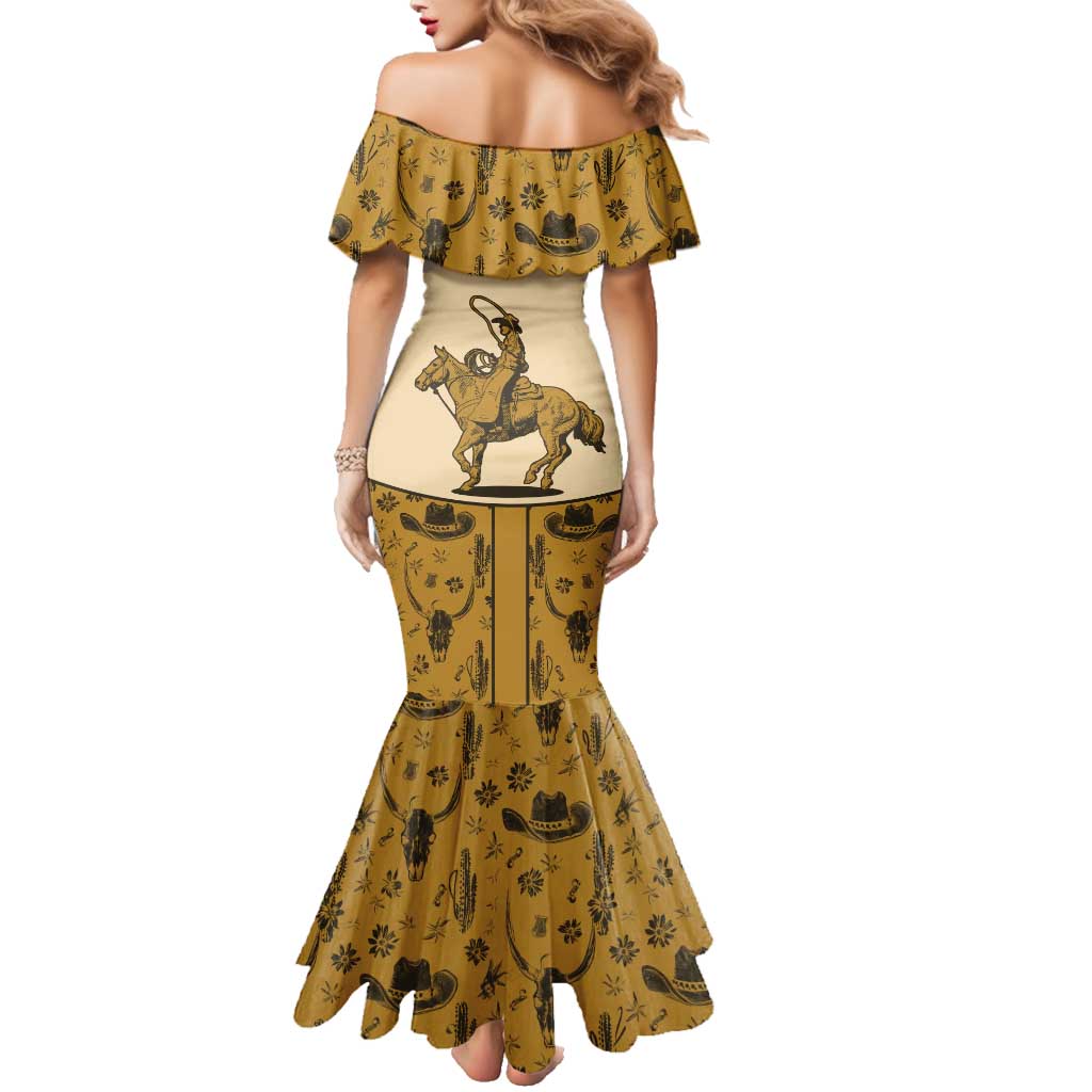 Cowboy Family Matching Mermaid Dress and Hawaiian Shirt Horse Riding Retro Western Yoke Beige - Wonder Print Shop